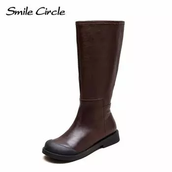 Женские высокие сапоги из натуральной кожи с круглым носком, на молнии, на каблуке, удобные, модные, повседневные сапоги 35 коричневый