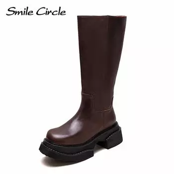 Женские высокие сапоги из натуральной кожи с круглым носком, на молнии, на каблуке, удобные, модные, повседневные сапоги 35 коричневый