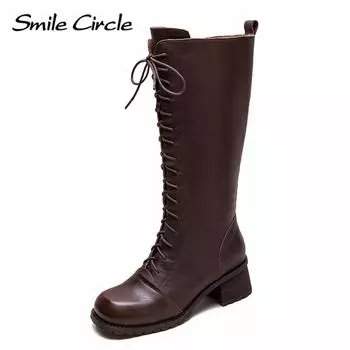 Женские высокие сапоги из натуральной кожи с круглым носком, на молнии, на каблуке, удобные, модные, повседневные сапоги 35 коричневый