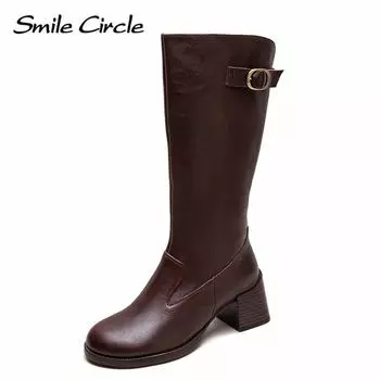 Женские высокие сапоги из натуральной кожи с круглым носком, на молнии, на каблуке, удобные, модные, повседневные сапоги 35 коричневый