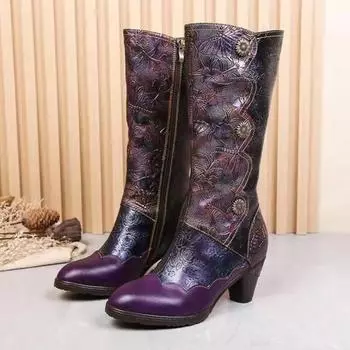 Женские высокие сапоги Johnature из натуральной кожи, романтические сапоги до середины икры на высоком каблуке с тиснением в стиле ретро