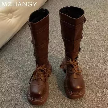 Женские высокие сапоги, кожаные туфли, зимние дизайнерские туфли на среднем каблуке, массивные туфли, женские зимние сапоги 2024 года, элегантные женские ботинки Chelsea Botas 35 коричневый