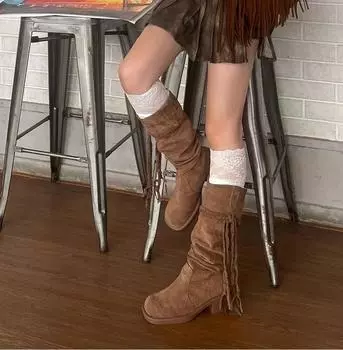 Женские высокие сапоги, модные ретро-сапоги с круглым носком, толстым каблуком, плетеными кисточками, со шнуровкой, ковбойские сапоги в стиле вестерн, женские ботинки 2024 года 35