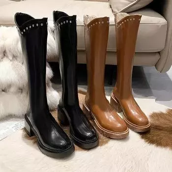 Женские высокие сапоги, модные женские сапоги до колена, осенне-зимние сапоги на высоком каблуке из мягкой кожи, туфли на платформе с заклепками в стиле ретро, 2024 35 чёрный