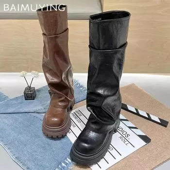 Женские высокие сапоги на платформе из натуральной кожи, модные туфли до колена и на среднем каблуке, тренд 2025 года, готические зимние мотоциклетные ботинки для женщин 35 чёрный