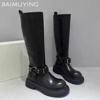 Женские высокие сапоги на платформе, кожаные туфли, женские трендовые зимние готические снежные гладиаторские панк-ботинки до колена, мотоциклетные ботинки Mujer 35