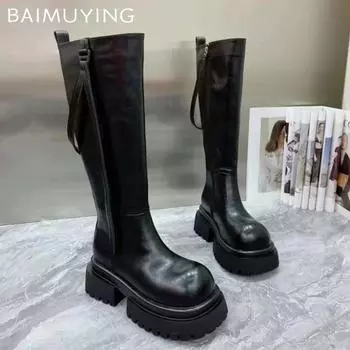 Женские высокие сапоги на платформе, массивные высокие каблуки, кожаные туфли, женская зимняя мода 2024 года, готические мотоциклетные ботинки, зимние челси, Botas Mujer 35 чёрный