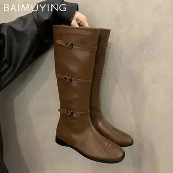 Женские высокие сапоги на плоской подошве из кожи, дизайнерские туфли с пряжкой до колена, тренд 2025 года, ретро, классика, готика, зимние мотоциклетные ботинки Botas De Mujer 35 коричневый