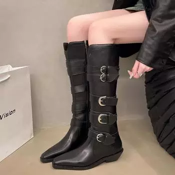 Женские высокие сапоги на плоской подошве, роскошные кожаные туфли с пряжкой, дизайнерские новые мотоциклетные сапоги, тренд осень-зима в стиле панк, Botas Mujer 35