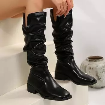 Женские высокие сапоги на среднем каблуке, кожаные туфли, зима 2024, тренд, новые готические плиссированные туфли для вечеринок, модные высокие туфли челси, Botas Mujer 35 чёрный