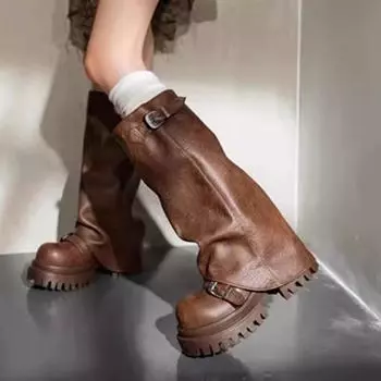 Женские высокие сапоги на толстой платформе, модные дизайнерские туфли на среднем каблуке из кожи, трендовые зимние туфли-оксфорды до колена, мотоциклетные ботинки Botas Mujer 35