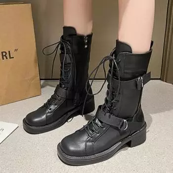 Женские высокие сапоги на высоком каблуке, дизайнерские новые кожаные повседневные туфли на толстой подошве, тренд зимы 2024 года, готические туфли для прогулок в стиле челси, вечерние ботинки для женщин 35 чёрный