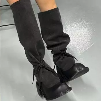 Женские высокие сапоги на высоком каблуке, высокие зимние сапоги до колена, массивные ковбойские туфли, женские зимние туфли-лодочки класса люкс, джинсовые туфли-челси, длинные, Botas De Mujer 35