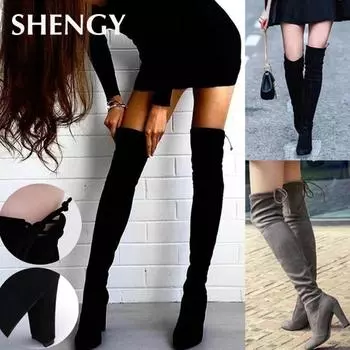 Женские высокие сапоги, пикантные замшевые сапоги выше колена на высоком каблуке со шнуровкой, осенне-зимняя теплая обувь, женские тонкие сапоги до бедра для вечеринки 35 чёрный