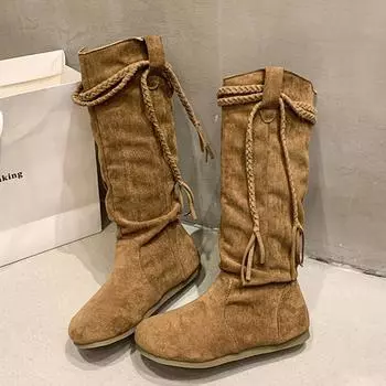 Женские высокие сапоги с бахромой, замшевые туфли на плоской подошве, высокие сапоги до колена, плиссированные, модные, люксовые, брендовые, зимние, модные, челси, готические сапоги, Mujer 35