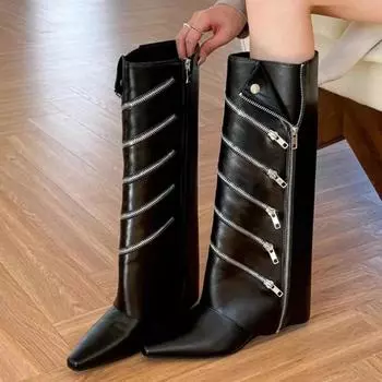 Женские высокие сапоги с острым носком, кожаные туфли, женские зимние трендовые новые челси на молнии, зимние ботинки в готическом стиле, гладиаторские мотоциклетные ботинки 35