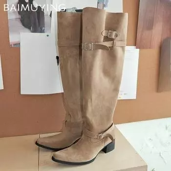 Женские высокие сапоги с острым носком, замшевые ботинки челси, туфли на каблуках, женская обувь 2025 года, модные гладиаторы, мотоциклетные зимние ботинки Mujer 35 чёрный