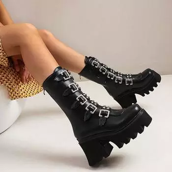 Женские высокие сапоги, сапоги средней высоты на высоком каблуке, мотоциклетные ботинки с круглым носком на молнии, женские армейские ботинки до середины икры в стиле панк, готический стиль 35 чёрный