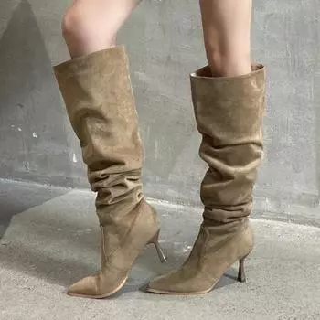 Женские высокие сапоги в уличном стиле с острым носком, сапоги до колена, сексуальные плиссированные тонкие каблуки, туфли для стриптиза, выпускного, осень-зима, Botas Altas 35