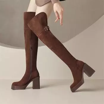 Женские высокие сапоги выше колена из натуральной кожи, ботинки Gogo на толстом высоком каблуке с круглым носком, на платформе и на молнии, женская обувь, зимняя обувь 34 хаки