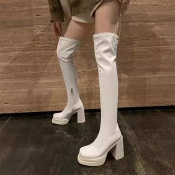 Женские высокие сапоги выше колена из натуральной кожи, женские ботинки Gogo на толстом высоком каблуке с квадратным носком и молнией на платформе, зимняя женская обувь 34 белый