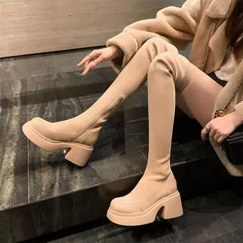 Женские высокие сапоги выше колена из натуральной кожи, женские ботинки Gogo на толстом высоком каблуке с круглым носком и застежкой-молнией, женская осенне-зимняя обувь 40 34 миндальный