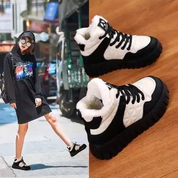 Женские высокие спортивные туфли, зима 2024 г. - утолщенный бархатный хлопок (КТ2512-2) 35 коричневый