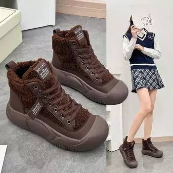 Женские высокие туфли, женская повседневная удобная плюшевая спортивная обувь, кроссовки, уличная женская обувь на шнуровке 35 чёрный