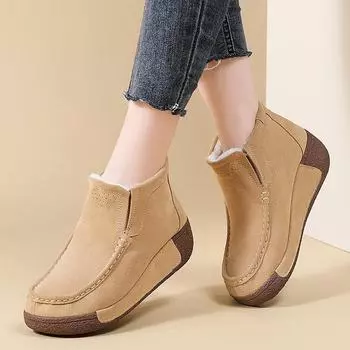 Женские высокие замшевые зимние ботинки 2024 года с бархатной подкладкой и толстой подошвой 39 бежевый