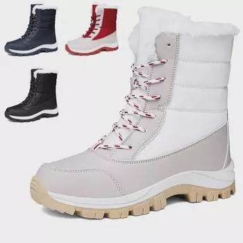 Женские высокие зимние ботинки на шнуровке большого размера с бархатом для зимы — теплые, для активного отдыха, с ярким хлопковым дизайном 38 белый