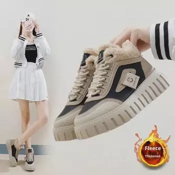 «Женские высокие зимние ботинки Plus Velvet, зима 2024 г., корейский стиль, теплая повседневная обувь из хлопка на толстой подошве» 36 чёрный