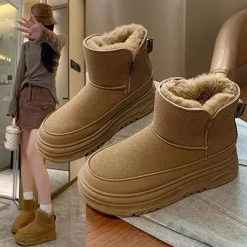 Женские высокие зимние ботинки с бархатной подкладкой, 2024 г., корейский стиль, теплая повседневная толстая подошва (РД7341) 35 хаки