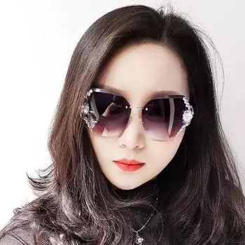 Женские высококачественные солнцезащитные очки Ins с бриллиантами, открывающие лицо, маленькие безрамочные солнцезащитные очки с защитой от УФ-лучей серый