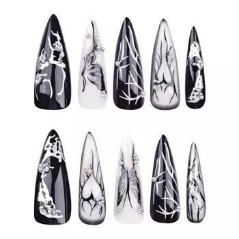 Женские высококачественные темные прохладные типсы для ногтей Love Butterfly Wearable Nail TipsGlue 2 мл One Size чёрный