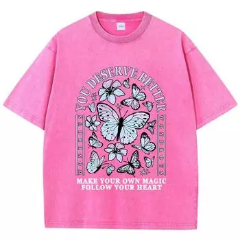 Женские выстиранные футболки Вы заслуживаете лучшего Красивые топы с принтом бабочки Хлопковые футболки оверсайз с круглым вырезом Уличная одежда S