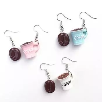 Женские забавные асимметричные серьги-гвоздики в форме кофейных зерен с подвеской в форме крючка белый