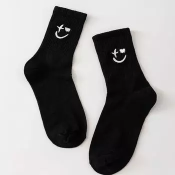Женские забавные носки, хлопковые носки с вышивкой и улыбкой Y2k, черные носки до середины икры в корейском стиле с надписью One Size