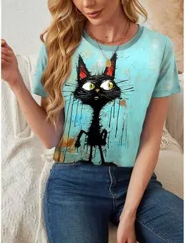 Женские забавные принты животных и кошек Футболки с коротким рукавом Топы с 3D-принтами Футболка с круглым вырезом Летняя повседневная женская одежда Одежда S