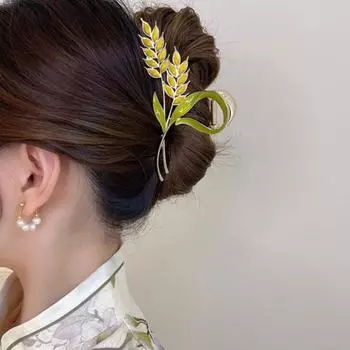 Женские заколки с зеленой эмалью и растениями, большие элегантные золотые заколки для волос цвета пшеницы, роскошные заколки для волос с цветком для девочек, аксессуары для волос 2023 жёлтый