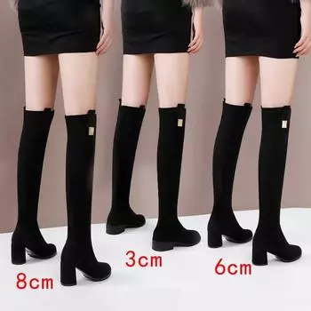 Женские замшевые эластичные сапоги выше колена 2024 года, новые зимние теплые плюшевые длинные сапоги, осенние сапоги без застежек на остром толстом высоком каблуке, рыцарские сапоги 37