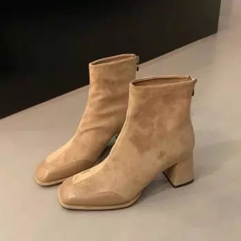 Женские замшевые ботильоны для снега, элегантные туфли на высоком каблуке с квадратным носком, зимняя плюшевая теплая хлопковая обувь 2025 года, модные ботинки Mujer 35 чёрный