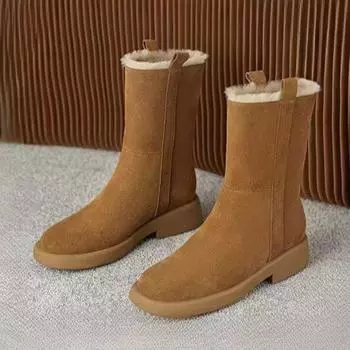 Женские замшевые ботильоны для снега, удобные плюшевые теплые хлопковые туфли на среднем каблуке, брендовая зимняя мода 2025 года, трендовые нескользящие ботинки для ходьбы 35 чёрный