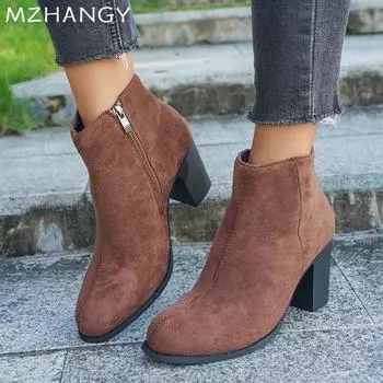 Женские замшевые ботильоны Элегантные туфли на высоком каблуке Женская мода 2025 года, модные зимние туфли в стиле ретро, зимние ботинки челси Mujer 36 коричневый