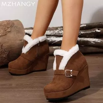 Женские замшевые ботильоны на танкетке, меховые туфли на очень высоком каблуке, женская мода 2025 года, элегантные теплые туфли-лодочки, зимние сапоги Mujer 36 бежевый