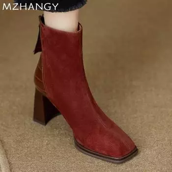 Женские замшевые ботильоны с квадратным носком, элегантные туфли на высоком каблуке, женская обувь 2025 года, зимнее платье, новые туфли-лодочки, мотоциклетные ботинки, женские ботинки 35 чёрный