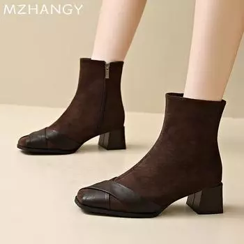 Женские замшевые ботильоны с квадратным носком, элегантные туфли на среднем каблуке, женская мода 2025 года, зимние модные ретро-сапоги для мотоциклистов, Mujer 35 чёрный