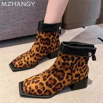 Женские замшевые ботильоны с леопардовым принтом, туфли на среднем каблуке с квадратным носком, женская мода 2025 года, новые зимние мотоциклетные ботинки Mujer Botas 35 чёрный