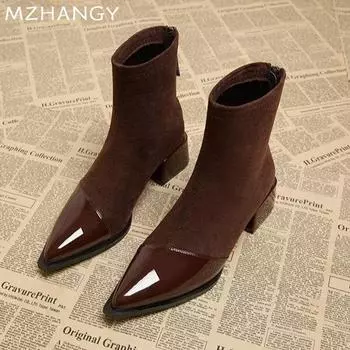 Женские замшевые ботильоны с острым носком, модные туфли на среднем каблуке, женская тенденция 2025 года, элегантные зимние готические туфли-лодочки, ботинки челси Mujer 35 чёрный