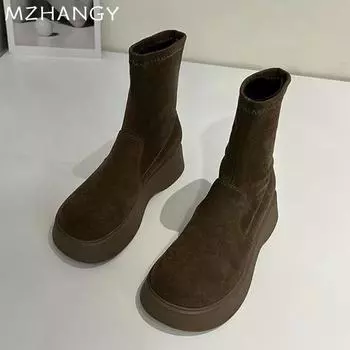 Женские замшевые ботильоны зимняя обувь на плоской подошве женская мода 2025 года ретро теплые готические удобные прогулочные классические зимние ботинки Mujer Botas 35 чёрный