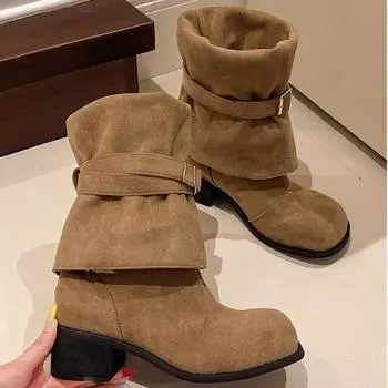 Женские замшевые ботинки челси средней длины, модные осенние массивные женские туфли 2024 года, новые прогулочные готические длинные ботинки Femme Casual Zapatos 35 хаки